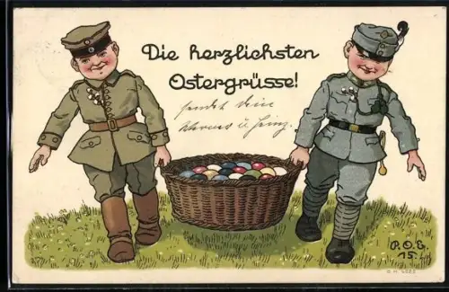 Künstler-AK P. O. Engelhard (P.O.E.): die herzlichsten Ostergrüsse, Soldaten tragen Ostereierkorb