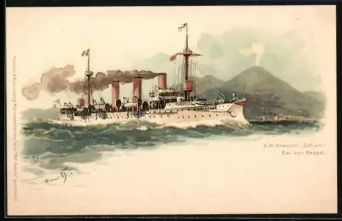 Künstler-Lithographie Hans Bohrdt: Kreuzer Gefion in der Bucht von Neapel
