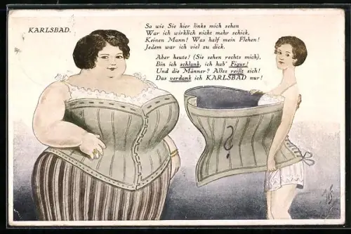 Künstler-AK Willi Scheuermann: Karlsbad, Vorher-Nachher Bild einer Frau nach der Kur