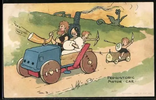 Künstler-AK Tom Browne: Pre-Historic Motor-Car, Söhne der Familie beschiessen sich mit Pfeilen