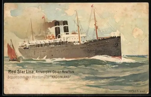 Künstler-AK Henri Cassiers: Passagierschiff T. S. S. Kroonland unter Dampf auf See, Segelschiff, Red Star Line