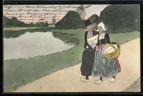 Künstler-AK Xavier Sager: Pärchen während des Spaziergangs mit Mühle im Hintergrund