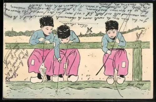 Künstler-AK Xavier Sager: Drei Jungen mit Fellmützen beim Fischen