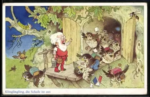 Künstler-AK F.Baumgarten: Klinglingling, die Schule ist aus, Spatzenkinder stürmen aus Vogelschule