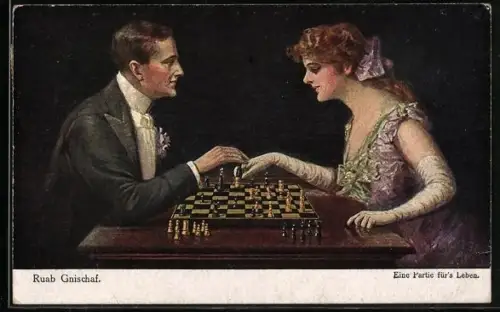 Künstler-AK Ruab Gnischaf: Ein elegantes Pärchen spielt Schach