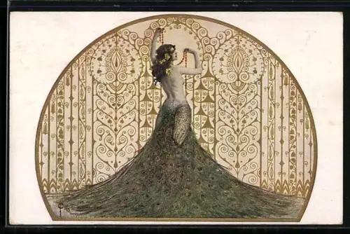 Künstler-AK S. Solomko: Die Eitelkeit, halbnackte Schönheit mit Rock aus Pfauenfedern