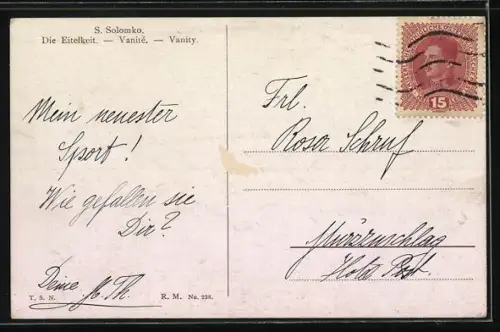 Künstler-AK S. Solomko: Die Eitelkeit, halbnackte Schönheit mit Rock aus Pfauenfedern