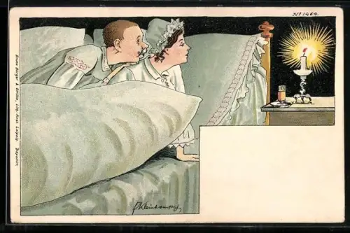 Künstler-AK Erich Kleinhempel: Pärchen im Bett sieht einer Kerze beim Herunterbrennen zu