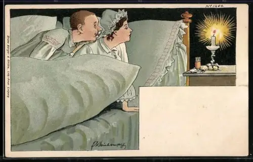 Künstler-AK Erich Kleinhempel: Pärchen im Bett sieht einer Kerze beim Herunterbrennen zu