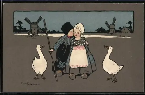 Künstler-AK Ethel Parkinson: Junge und Magd mit Gänsen vor den Windmühlen