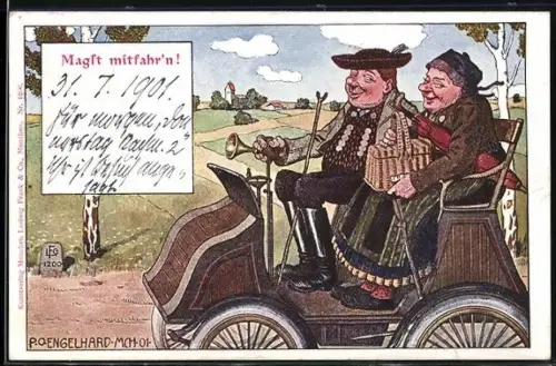 Künstler-AK P.O.Engelhard (P.O.E.): Magst mitfahr`n!, Paar in Tracht in Motorkutsche