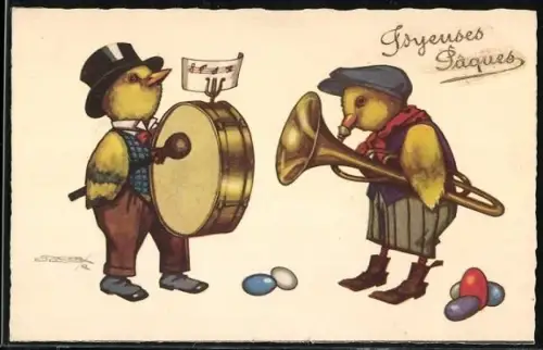Künstler-AK Roberto Sgrilli: Zwei Küken mit Trommel und Trompete