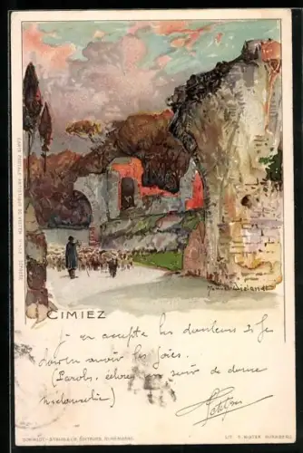 Künstler-AK Manuel Wielandt: Nice-Cimez, Schäfer mit Herde unter Ruinen