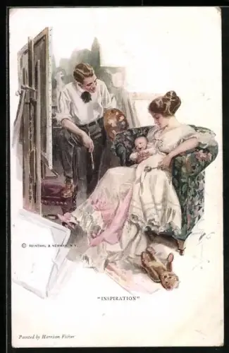 Künstler-AK Harrison Fisher: Mutter und Baby geben dem Maler seine Inspiration