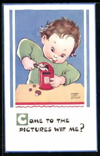 Künstler-AK Mabel Lucie Attwell: Kind mit Dosenöffner, Come to the Pictures wif me?