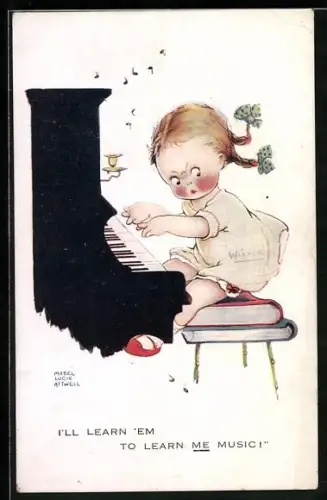 Künstler-AK Mabel Lucie Attwell: Mädchen mit zornigem Gesicht spielt am Klavier, I`ll learn `em to learn me music