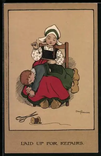 Künstler-AK Ethel Parkinson: Mädchen in Tracht näht ein Loch in der Hose eines Jungen