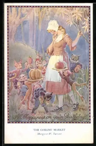 Künstler-AK Margaret W. Tarrant: The Goblins` Market, Kobolde und Eule bieten einem Mädchen ihre Waren an