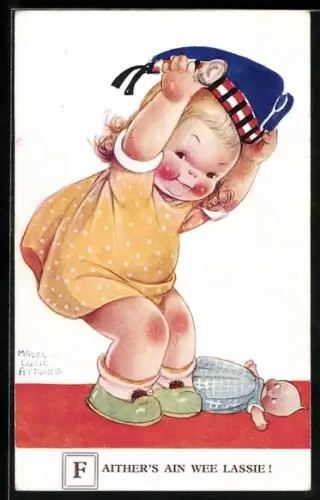 Künstler-AK M.L. Attwell: Faither`s ein wee Lassie! Mädchen in gelbem Kleid spielt mit Puppe und Matrosenhut