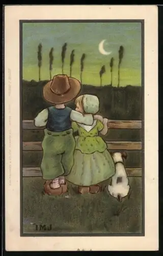 Künstler-AK I.M.J.: Junge umarmt Mädchen