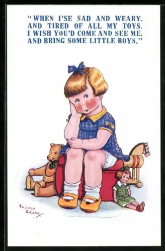 Künstler-AK Junges Mädchen sitzt traurig zwischen ihren Spielzeug