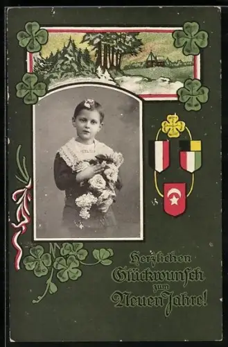 AK Neujahrsgruss, Farben des Zweibundes mit Türkei, Kind mit Blumenstrauss