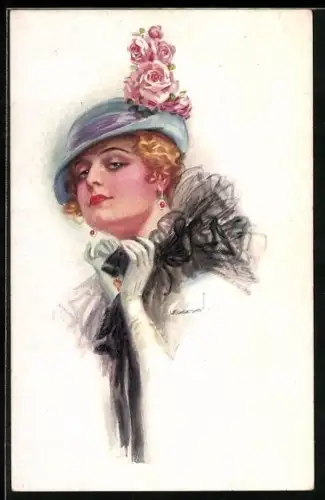 Künstler-AK Luis Usabal: Blonde Dame mit Hut und Rosen