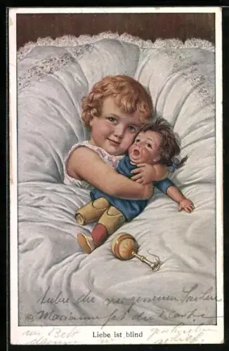 Künstler-AK kleines Mädchen umarmt ihre Puppe im Bett
