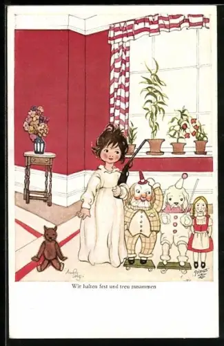 Künstler-AK sign. Anny Engelmann: Mädchen mit Puppen und Spielzeuggewehr