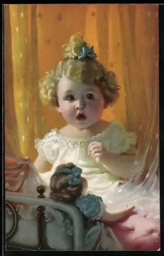 AK Kleines Mädchen mit überraschtem Gesicht und Puppe