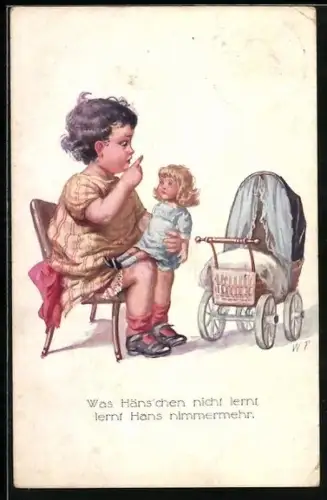 Künstler-AK Wally Fialkowska: Mädchen erzieht ihre blonde Puppe