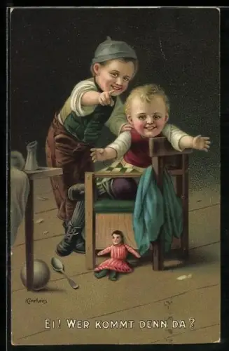 Künstler-AK sign. Kleehaas: Ei! Wer kommt denn da?, drolliges Geschwisterpaar