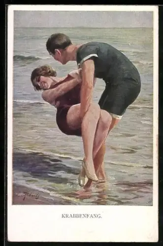 Künstler-AK Krabbenfang, Liebespaar am Badestrand