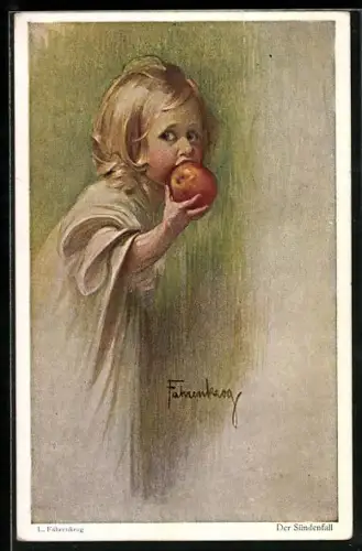 Künstler-AK Ludwig Fahrenkrog: Der Sündenfall, Mädchen beisst in den Apfel