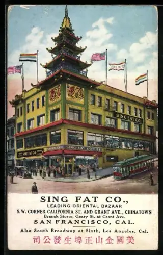 AK San Francisco, Sing Fat Co, Leading Oriental Bazaar, Strassenbahn