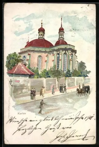 Künstler-AK Prag / Praha, Kostel karlov, Pferdekutsche auf der Strasse davor