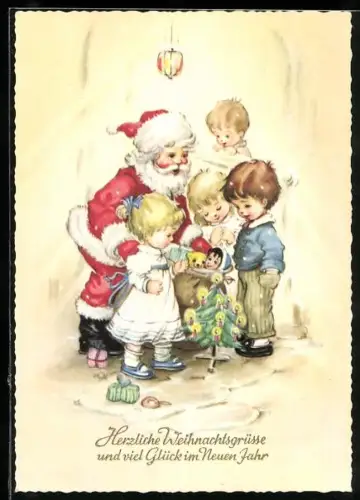 AK Weihnachtsmann beschenkt vier kleine Kinder mit Puppen und Stofftieren