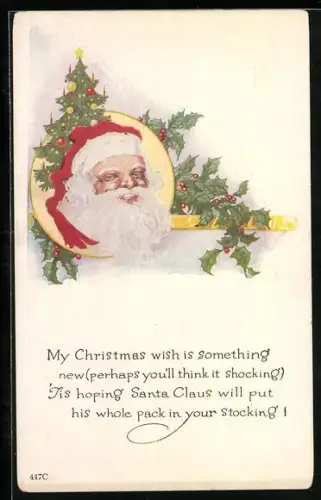 AK Porträt des Weihnachtsmanns mit Weihnachtsbaum und Stechpalmen