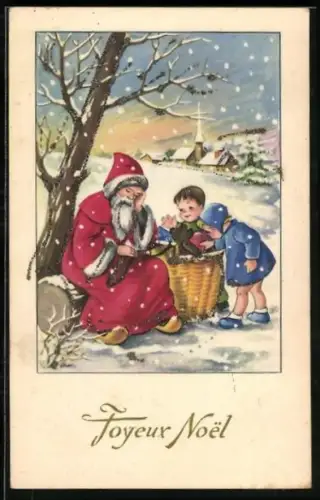 AK Weihnachtsmann beschenkt zwei Kinder unter einem Baum