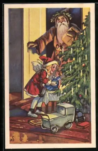 AK Weihnachtsmann und Weihnachtsengel mit Puppe am Tannenbaum, Weihnachtsgruss