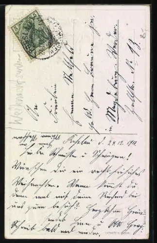 Präge-AK Weihnachtsmann bringt einem Kind Geschenke unter einem Tannenzweig