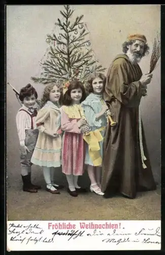 AK Weihnachtsmann mit einer Reihe von Kindern hinter sich