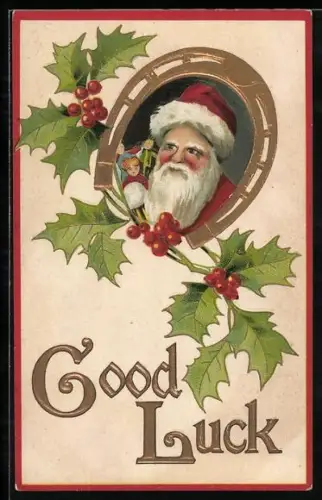 AK Weihnachtsmann mit Spielzeug und Stechpalme