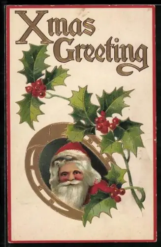 Präge-AK Weihnachtsmann in einem Hufeisen mit Stechpalmenzweigen