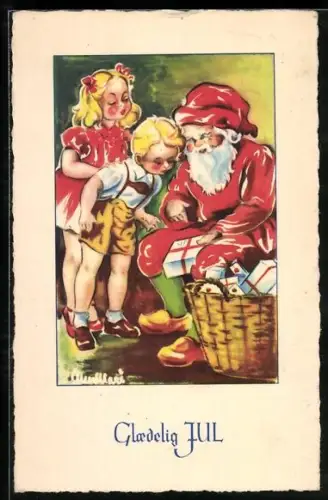 AK Weihnachtsmann beschenkt zwei blonde Kinder