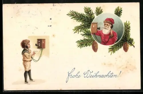 AK Weihnachtsmann telefoniert mit Knaben im Matrosenanzug