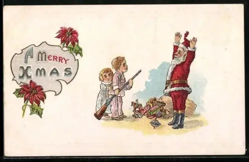 AK Kinder mit Gewehr bedrohen Weihnachtsmann wie Einbrecher