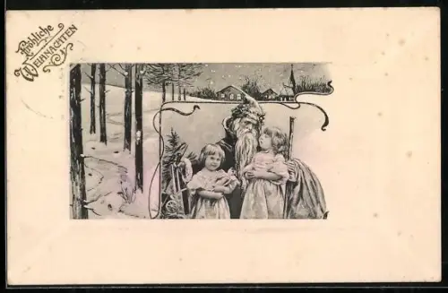 AK Weihnachtsmann beschenkt zwei junge Mädchen in einer Winternacht