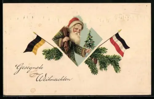 Präge-AK Weihnachtsmann mit Geschenkesack zwishcen Flaggen der Kaiserreiche Deutschland und Österreich