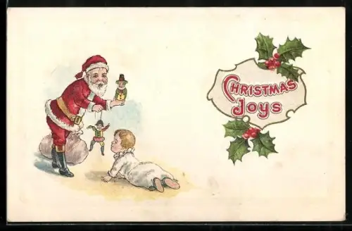 AK Weihnachtsmann schenkt einem Kind Puppen, Mistelzweige